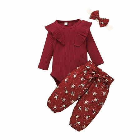 

EHTMSAK Infant Baby Toddler Children Girl 3PCS Outfits Ruffle Long Sleeve Bodysuit and Pants Set Clothing Set with Headband Wine 3M-2Y 68