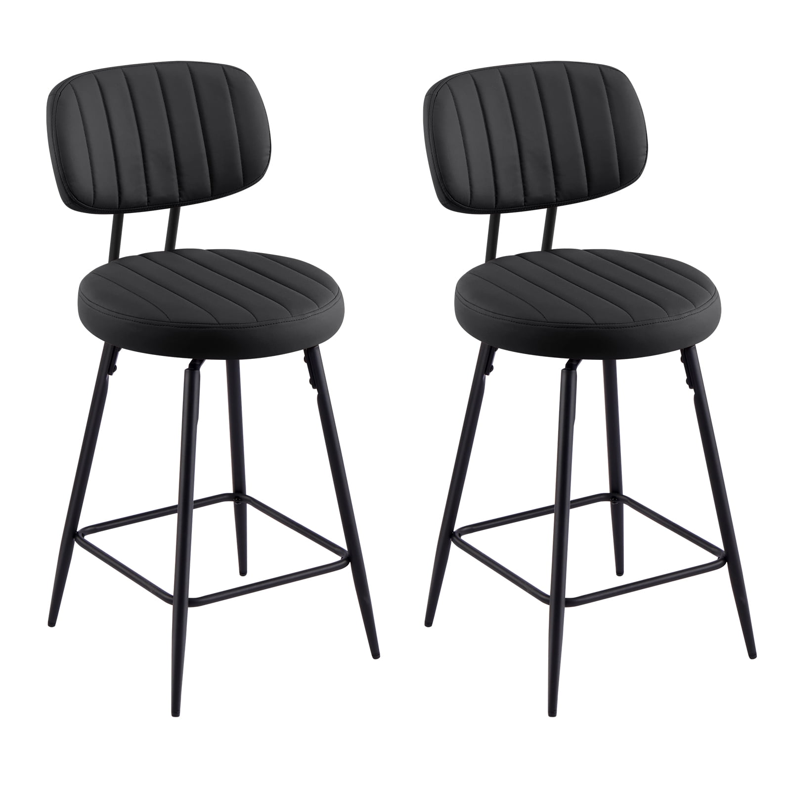Furniliving 26" Modern Bar Stools Set of 2, Upholstered Swivel Counter Height Barstools with Back and Footrest, Adjustable Faux leather Barstool for Kitchen Island,Dining Room.Black