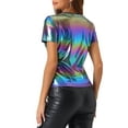 thumbnail image 3 of INSPIRE CHIC Women's Top Party V Neck Short Sleeve Glitter Shiny Metallic Top S Blue Pink, 3 of 6