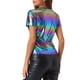 thumbnail image 3 of INSPIRAR CHIC Blusa de Mujer Fiesta Cuello en V Manga Corta Brillante Top Metálico S Azul Rosa, 3 of 6