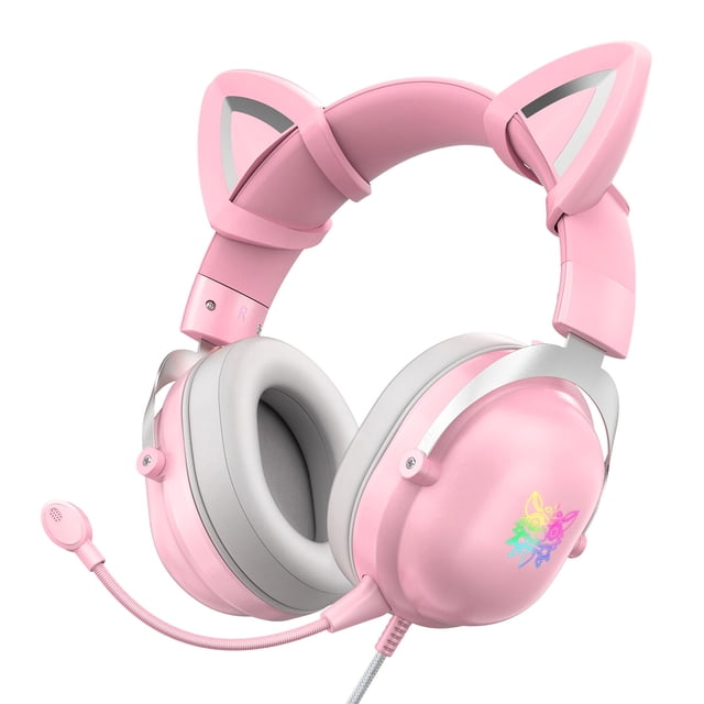 ONIKUMA Audífonos ONIKUMA X11 con micrófono y orejas de gato desmontables, color rosa, para juegos de PC