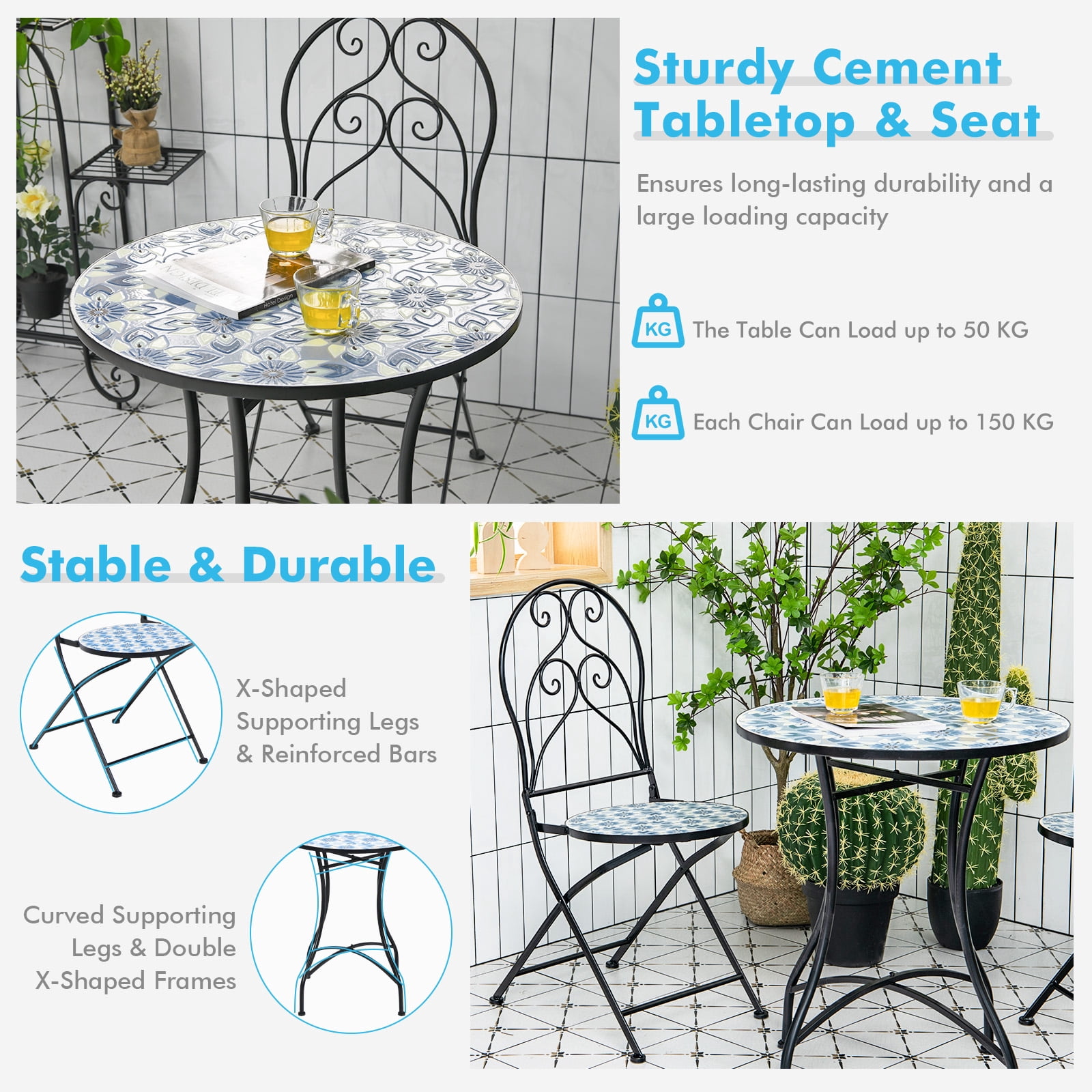 Patiojoy 2PCS Outdoor Mosaic Folding Bistro Chairs Patio Chairs with Ceramic Tiles Seat and Exquisite Floral Pattern Blue Seat