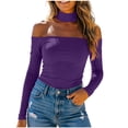 thumbnail image 3 of Fengqque Women Long Sleeve Top Halter Choker off Shoulder Cropped Bodycon Solid Color Blouse Purple M, 3 of 9