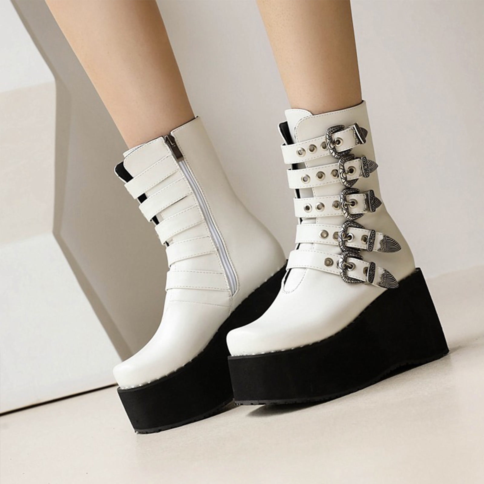 Ladies Platform Chunky High Heel Pull On Ankle Boots Pointed Toe Punk Goth Shoes 