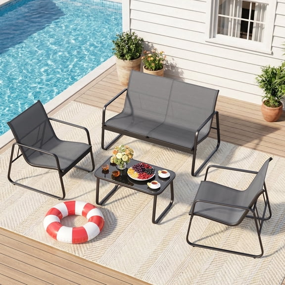 Gizoon 4-Piece Outdoor Wicker Patio Furniture Set, Loveseat and 2 Chairs with Coffee Table, Grey