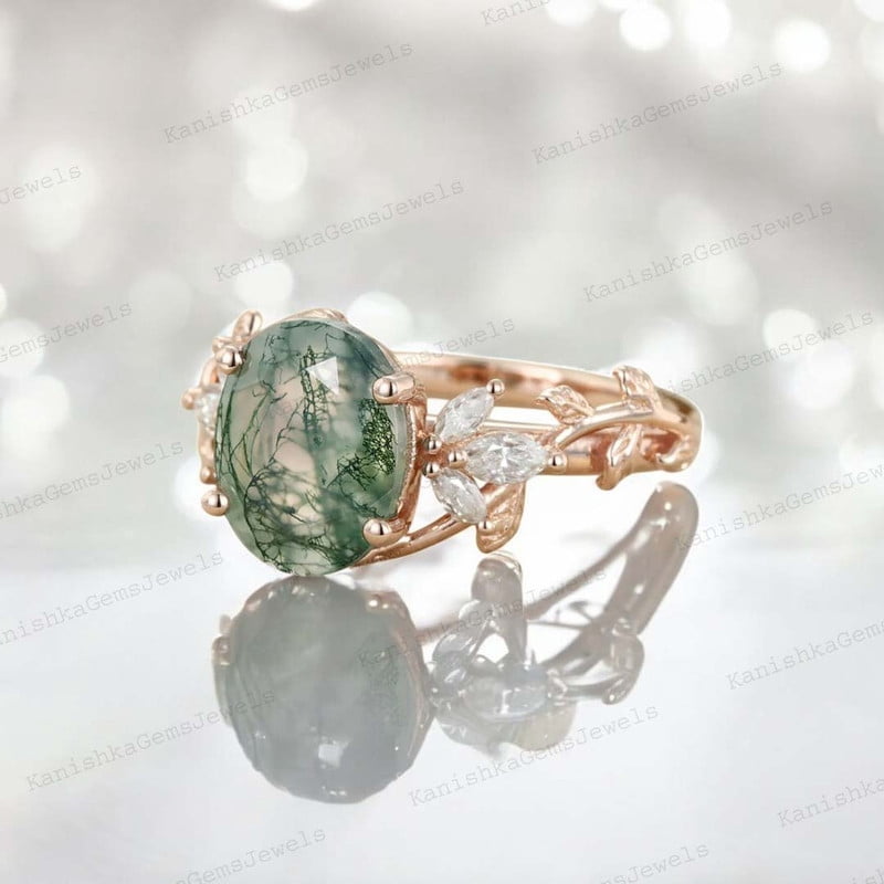 KANISHKAGEMS&JEWELS 2Ct 8x6mm / Natural Moss Agate Engagement Ring CZ Diamond Twig Ring Nature Inspired Women Jewelry Proposal Gift Ring for Lover