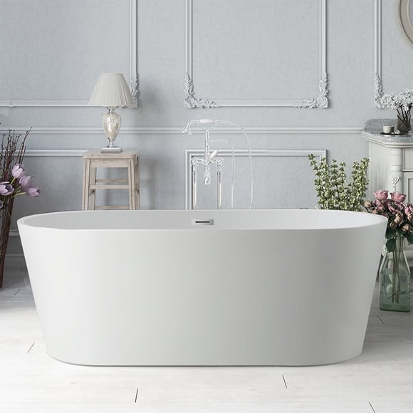 Vanity Art Non-Slip Freestanding Acrylic Soaking Bathtub with Overflow and Pop-Up Drain