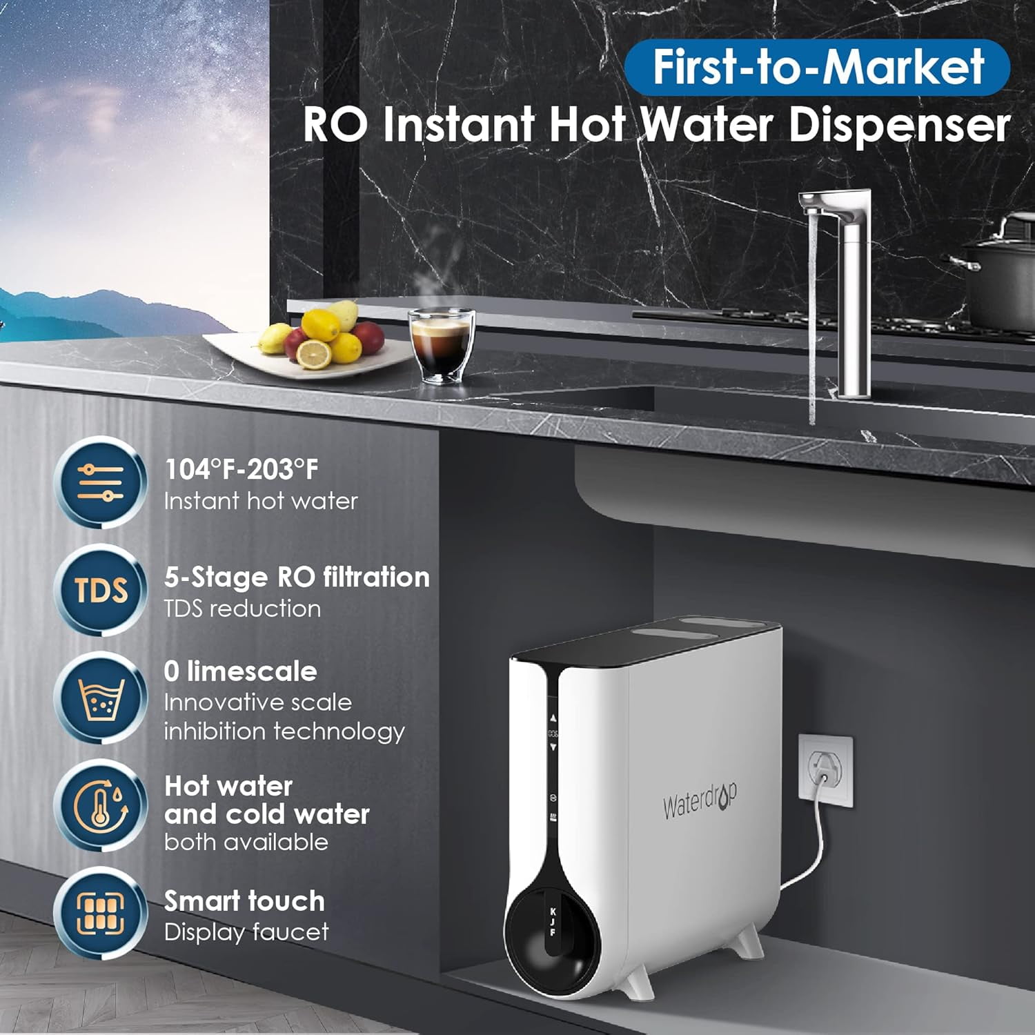 Waterdrop Reverse Osmosis Instant Hot Water Dispenser System, Under Sink, TDS Reduction, Smart LED Faucet, Tankless, 2:1 Pure to Drain, 600 GPD, Hot and Cold Water Dispenser Faucet