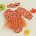 thumbnail image 3 of Okbabeha Baby Girl Halloween Outfits,Linen Pumpkin  one-piece  Long Sleeve Ruffle Romper Bow Headband Newborn Infant Fall Clothes, 3 of 8