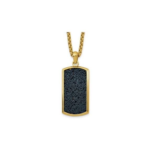 Mens Black Wire Inlay Dog Tag Pendant Necklace in Yellow Stainless Steel with Chain for Men