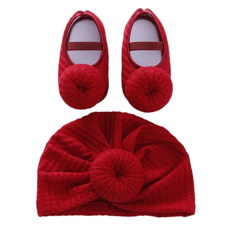 

Baby Girl Shoes Soft Sole Newborn Infant Mary Jane Flats Princess Wedding Dress Shoes + Knit Cap