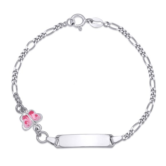 Bracelet en Argent Sterling 925 ID Filles Rose Papillon Figaro Chaîne Émail 6,5 Pouces Italy