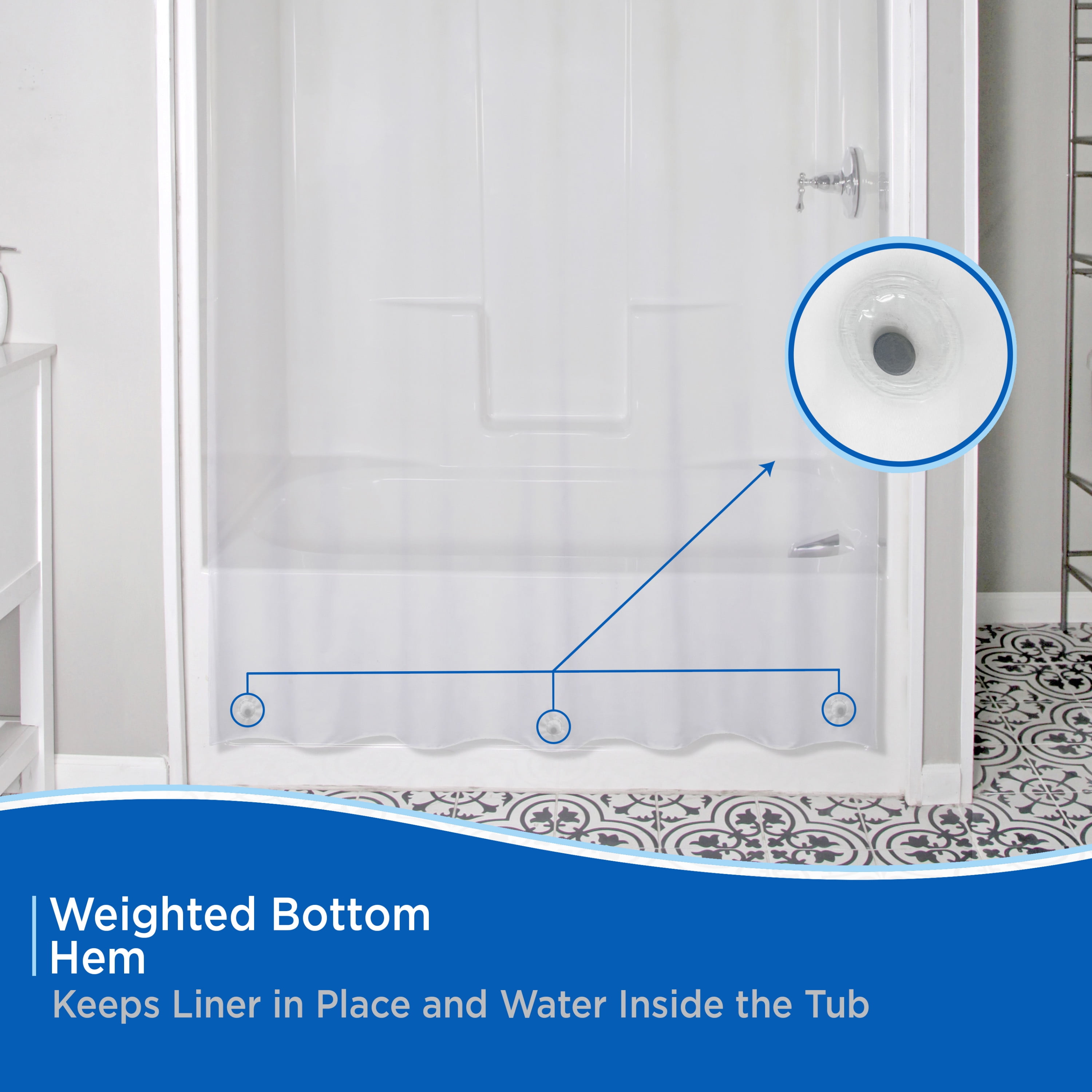 Kenney FlexHook Medium Weight PEVA Shower Curtain Liner, 71" W x 74" H, Clear