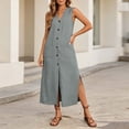 thumbnail image 2 of Hduncf Linen Dress Womens V Neck Button Down Sleeveless Shirt Dress Fashion Summer Casual Side Slit Maxi Tank Dresses with Pockets Gray L, 2 of 9