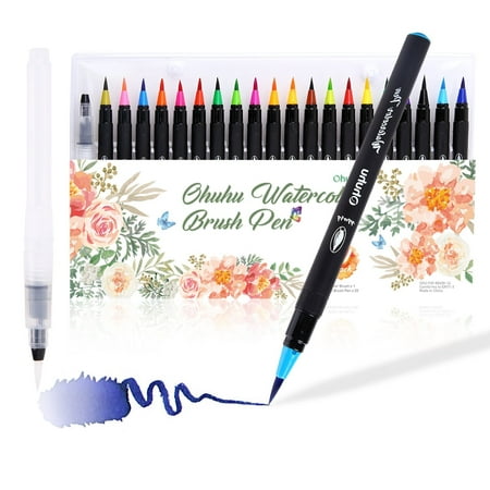 Watercolor Brush Markers Pen, Ohuhu 20 Colors Water Based Drawing Marker Brushes W/A Water Coloring Brush, Water Colored Ink W/Soft Flexible Tip for Adult Coloring Books, Manga, Comic,
