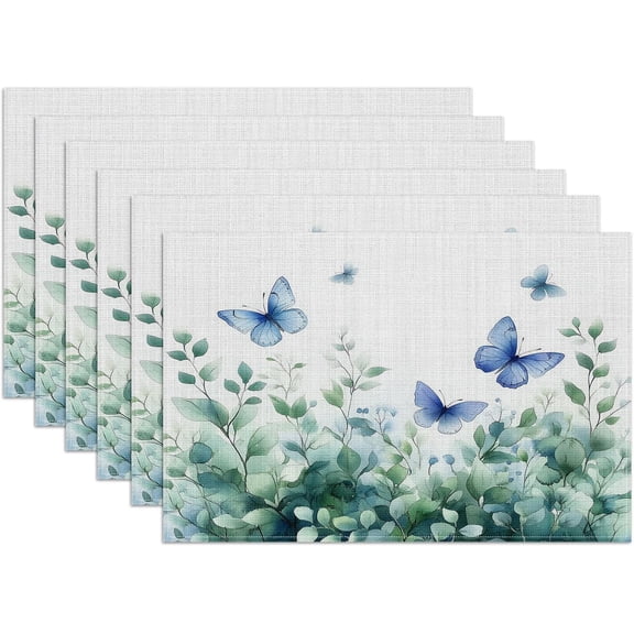 Eucalyptus Leaves Butterfly Placemats Set of 6, Washable Linen Place Mat Heat Resistant Non Slip Kitchen Dining Table Mats 12x18 Inch