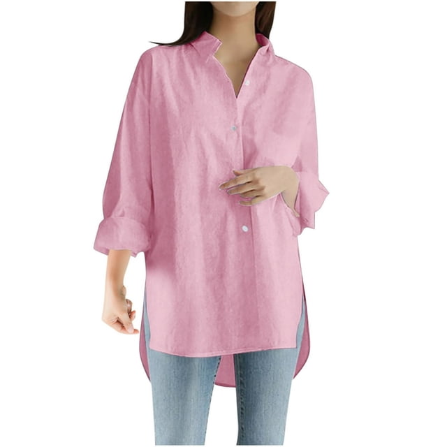 Chemises Boutonnées pour Femmes Manches Longues Retroussées Col en V Uni Ourlet Haut-Bas Blouse Hauts Tuniques Décontractées