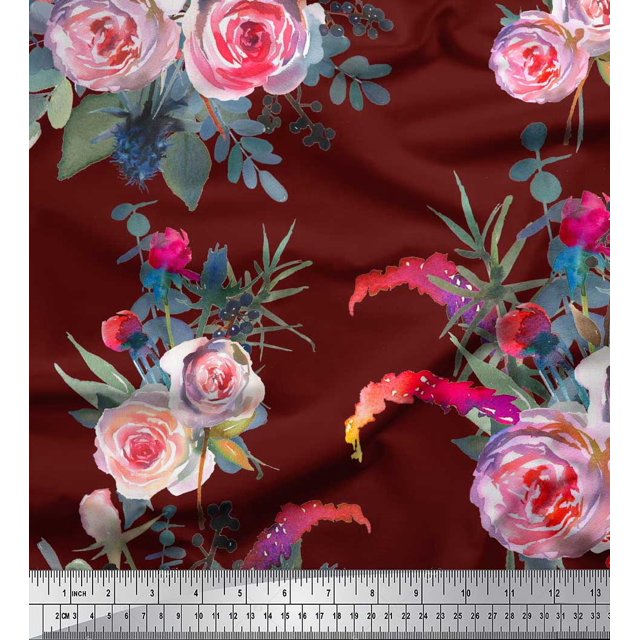 Soimoi Red Moss Georgette Fabric Leaves & Ranunculus Floral Print Sewing Fabric Yard 42 Inch Wide