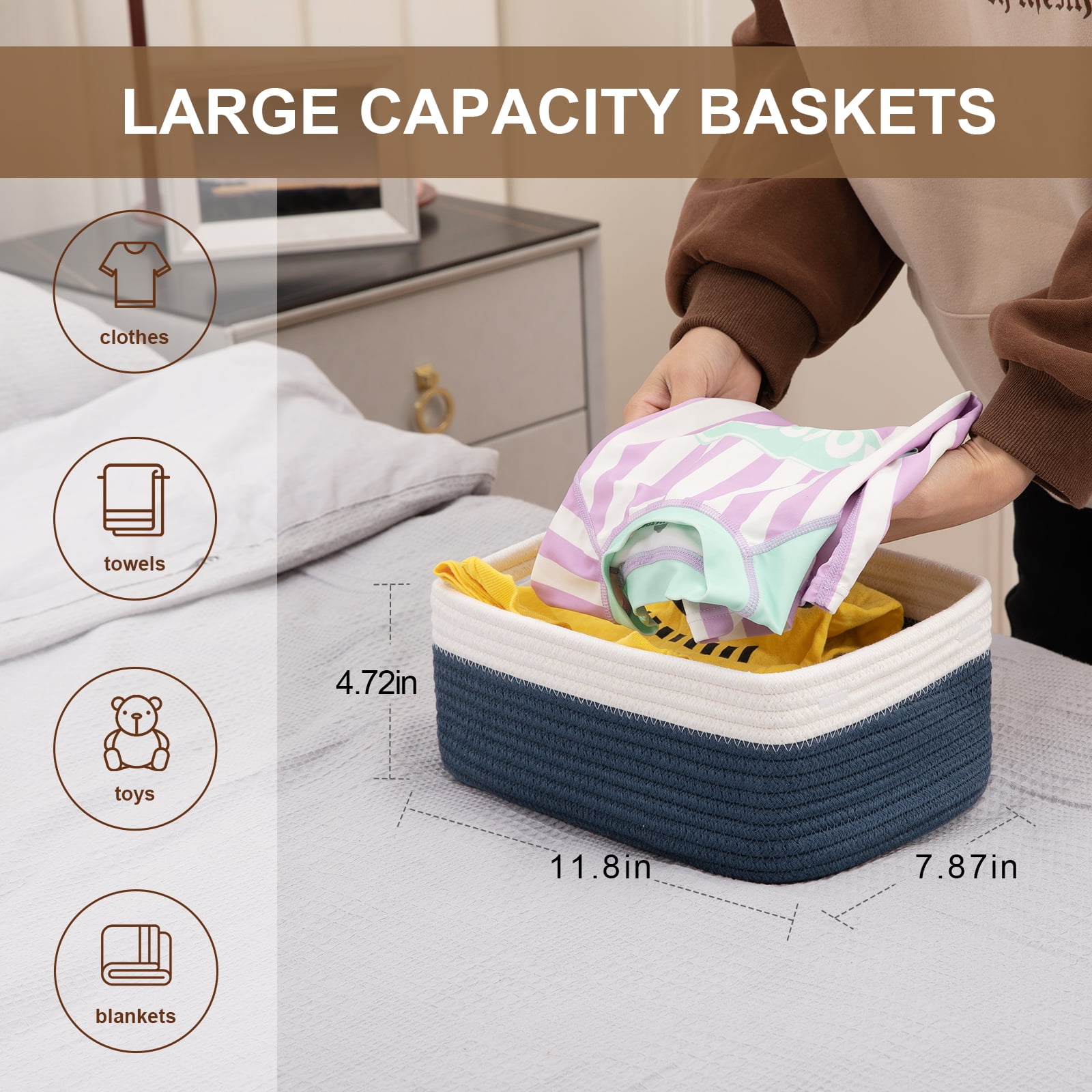 CHERISHGARD 4 Pack Woven Storage Baskets ，Cotton Rope Basket for Toy，Book and Blankets