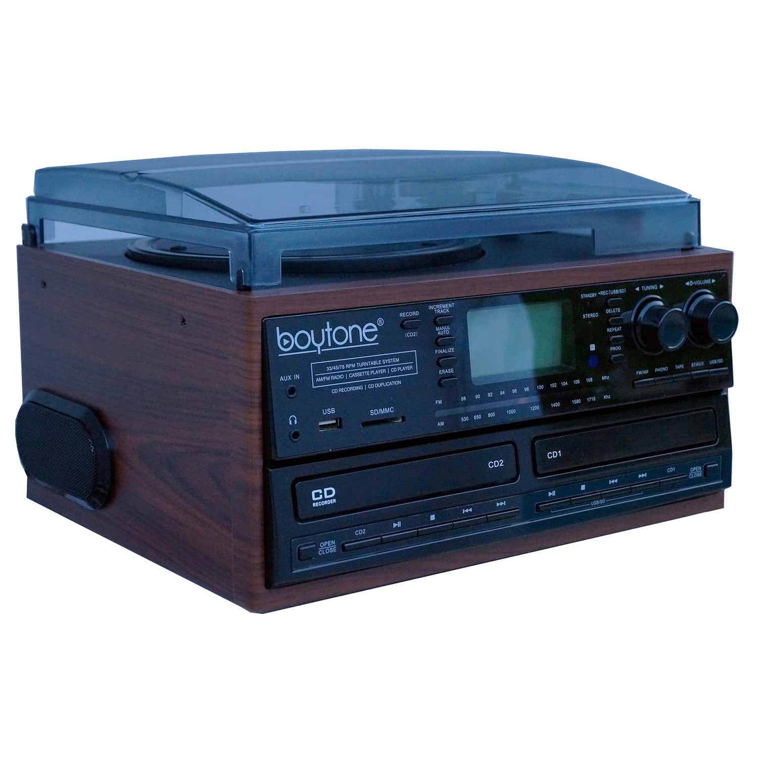 Boytone BT 29MB Bluetooth Dual CD Player Recorder CD2 to CD1 AM FM Radio Turntable Record Player 2 Built in Stereo Speakers Cassette Player SD