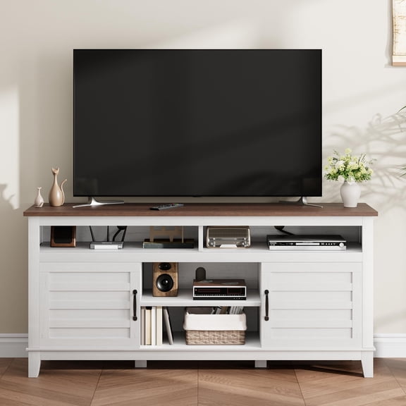 63 Inch TV Stand, Entertainment Center with Adjustable Shelves, Farmhouse TV Stand with Cabinet Doors,for Living Room