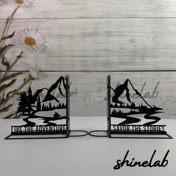 Shinelab Mountain Peak Metal Bookend Landscape Name Bookend, Mountain Decor Table Bookshelf 5405