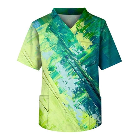

Mlqidk Man Printed Scrub Tops Marble Print Scrub Shirt Tops Short Sleeve V Neck Pocket Working Uniform Medical Workwear Green M