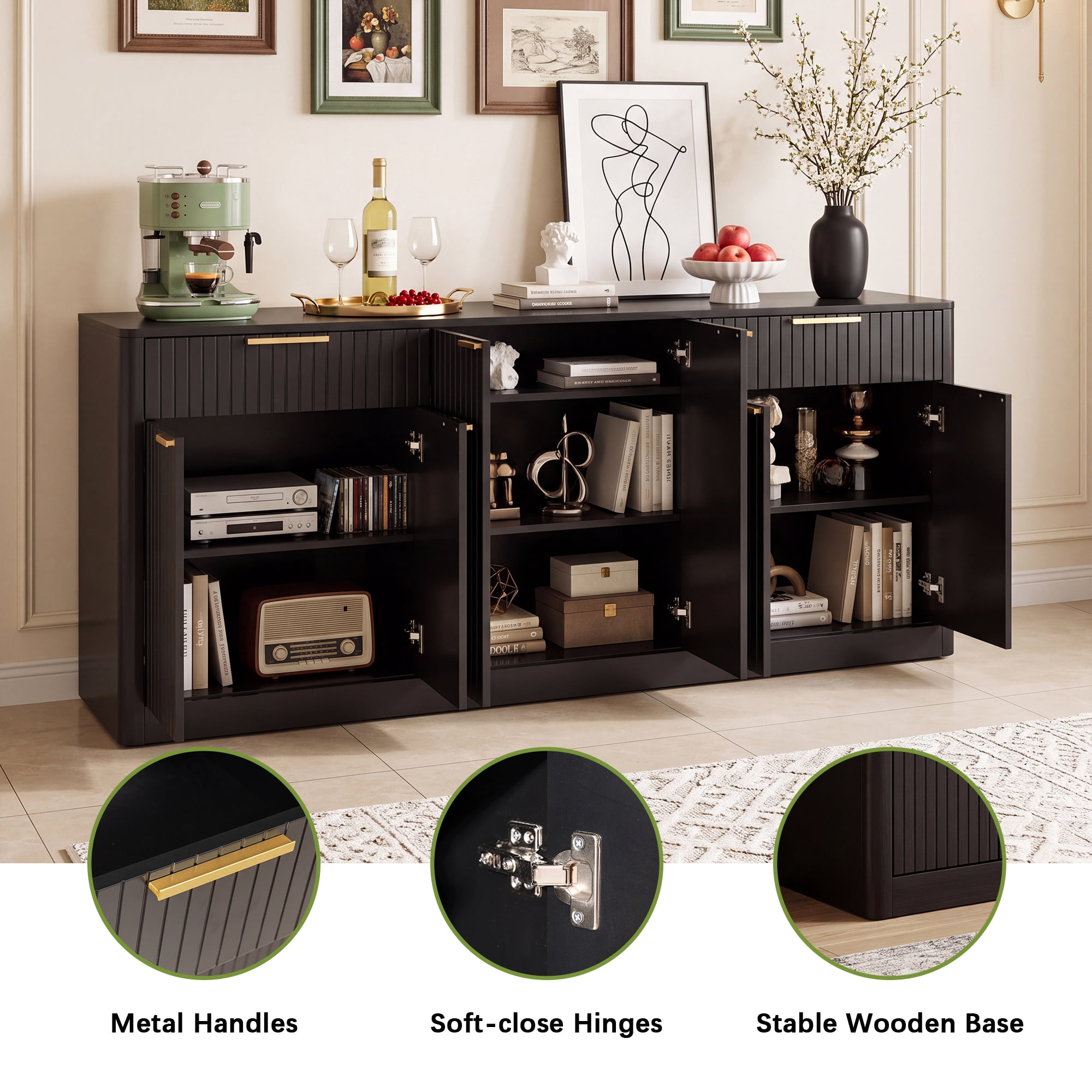 GARITIN 67 Inch Fluted Buffet Sideboard, Modern Wine Bar Storage Cabinet with 6 Doors & 2 Drawers, Coffee Bar Credenza for Dining Room Living Room Entryway, Black