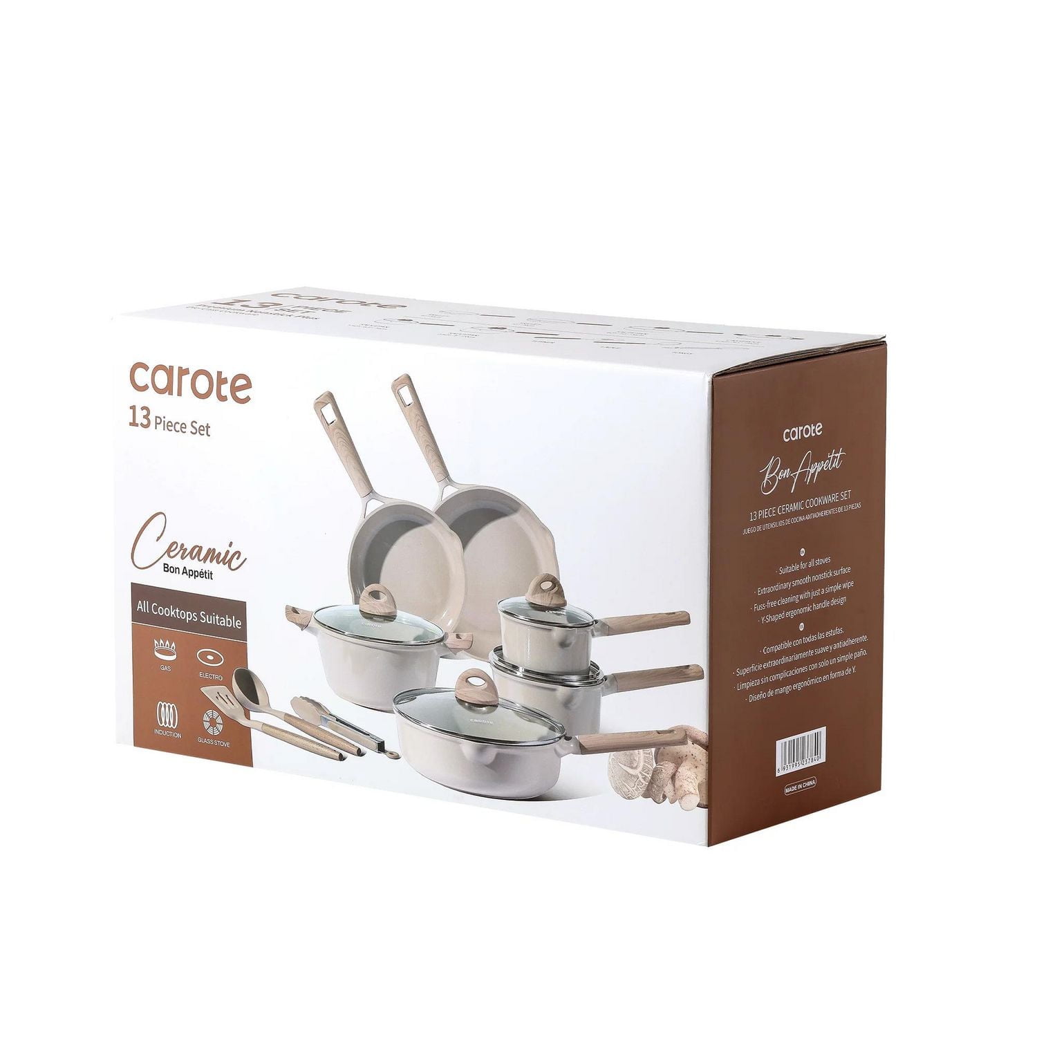 Carote Ceramic Pans and Pots Set, 13 Piece Industion Kitchen Non-Stick Cookware Sets Taupe