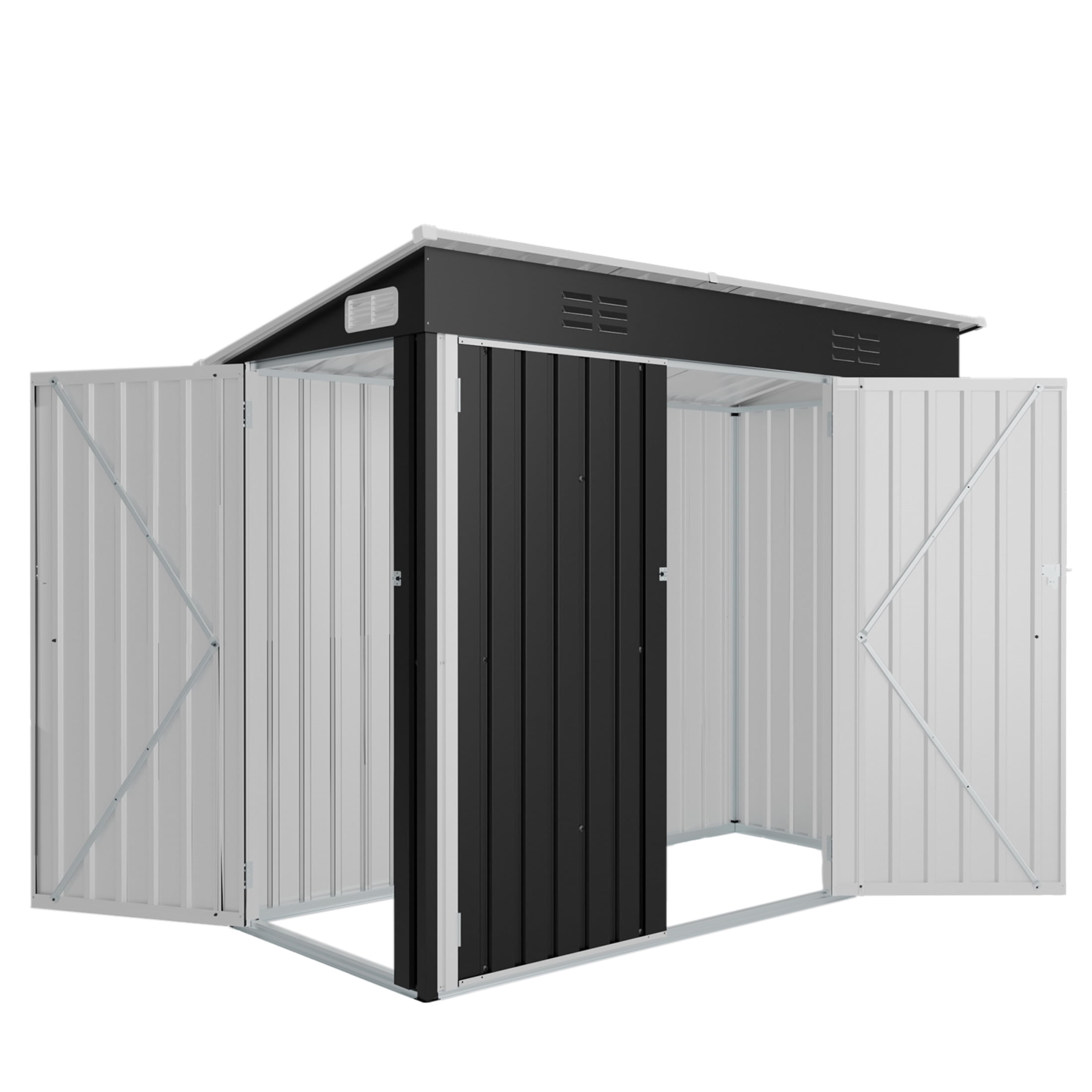 Noble House 4x8 FT Galvanized Steel Outdoor Storage Shed, Weatherproof 3-Door Metal Utility Shed, Black