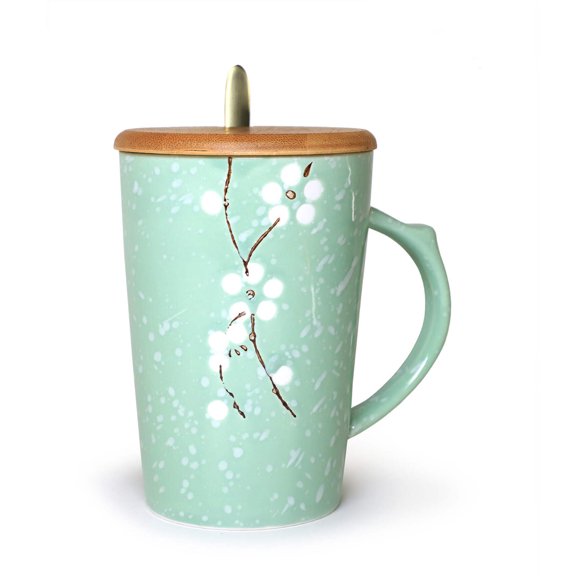 Ceramic Mug Sakura Floral Design with Spoon and Wood Lid