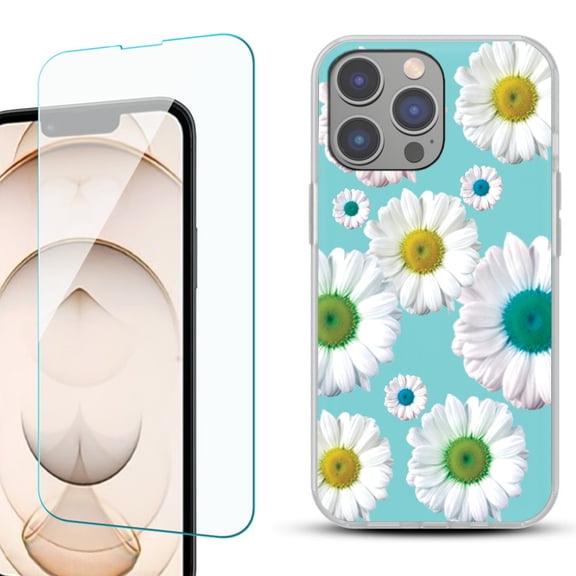 Slim-Fit Gel TPU Phone Case for iPhone 14 Pro, with Tempered Glass Screen Protector, by OneToughShield ® - Daisy/Teal