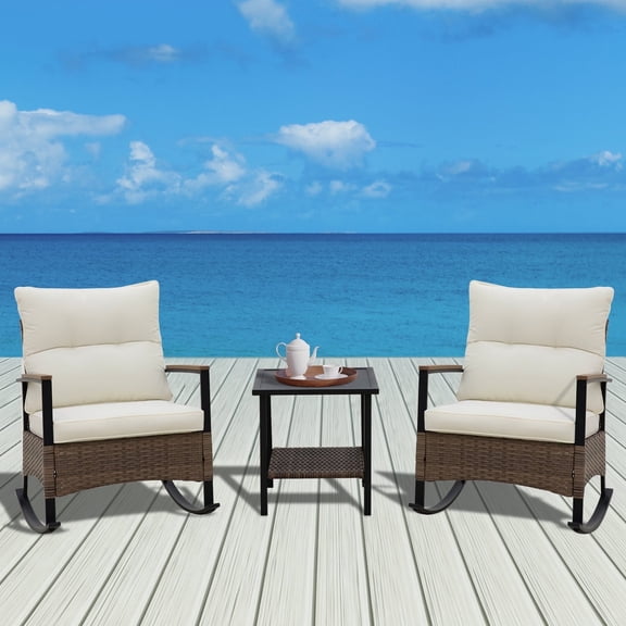 COOS BAY Sunset Haven 3-Piece Outdoor Patio Bistro Set Brown Wicker Rocking Chairs and Coffee Table