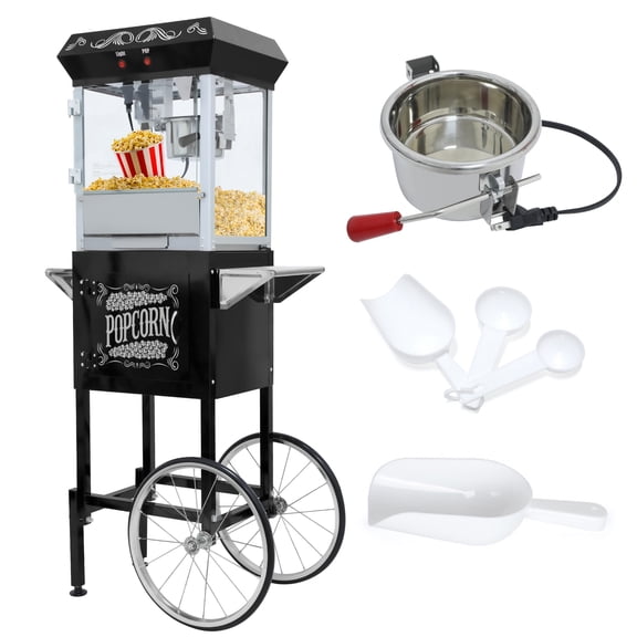 Qiushi Black Retro Commercial Popcorn Maker Machine with Cart - 650W 8oz Theater Style Popper, Stainless Steel with Old Maids Drawer & Serving Cabinet for Home Theater, Parties