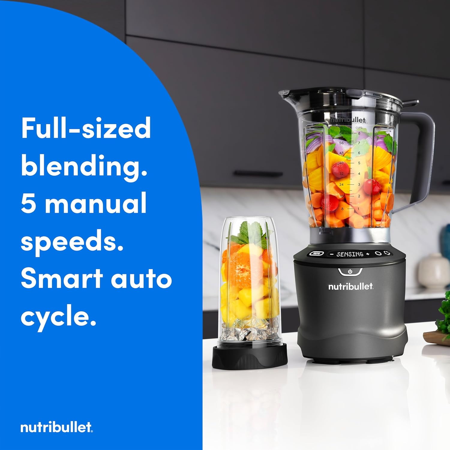 SmartSense Blender Combo, 1400W, 64oz Pitcher, 32oz & 24oz Cups, 5-Speed, Smoothies, Ice and Frozen Fruit, Nut Milk, Soup, Gunmetal Gray, NBF50700