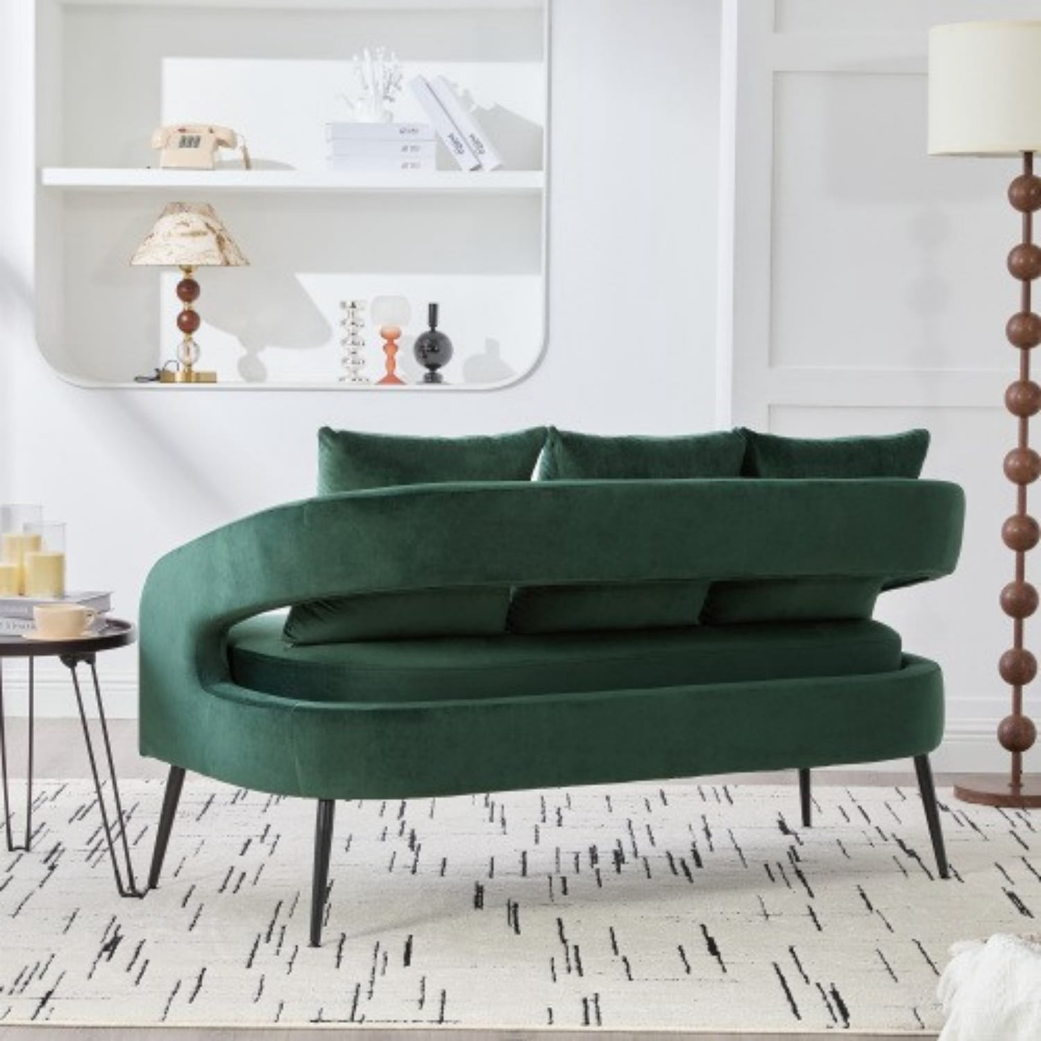 53.7" Modern Velvet Loveseat Sofa 2 Seater Upholstered Mini Couch with Open Back, Metal Legs and 3 Pillows for Living Room Bedroom Office Dorm Apartment, Green