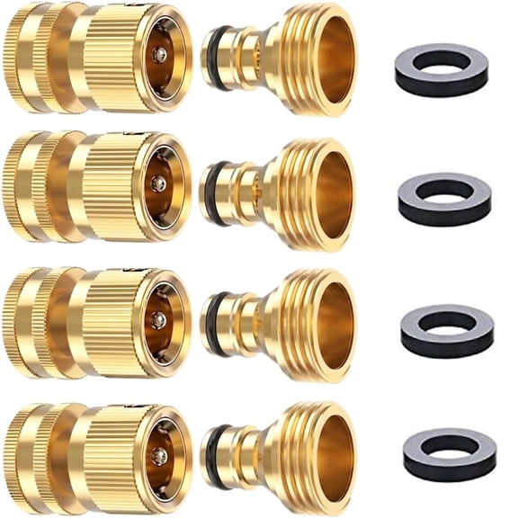Garden Hose Quick Connect 3/4 Inch GHT Solid Brass Hose Connector Adapter Kit Fitting No-Leak Water Hose Female and Male Adapter (4 Sets)