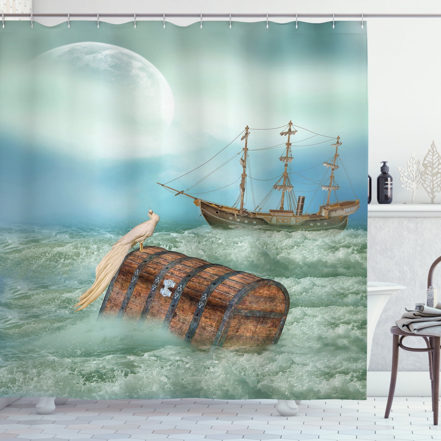 Custom Dark Night Moon Pirate Ship Shower Curtain 100% Polyester Fabric Waterproof Size 66x72inch