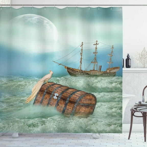 Ambesonne Antique Shower Curtain, Old Trunk Ocean Waves, 69"Wx70"L, Mint Green Pale Caramel