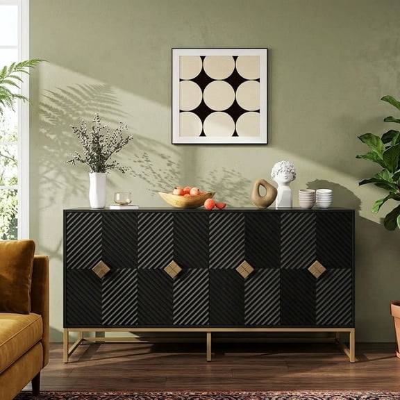 LFGUIZO 59" Modern Sideboard Buffet Cabinet with 4 Carved Doors and 2 Adjustable Shelves, Black Credenza Storage Console with Gold Metal Legs Living room