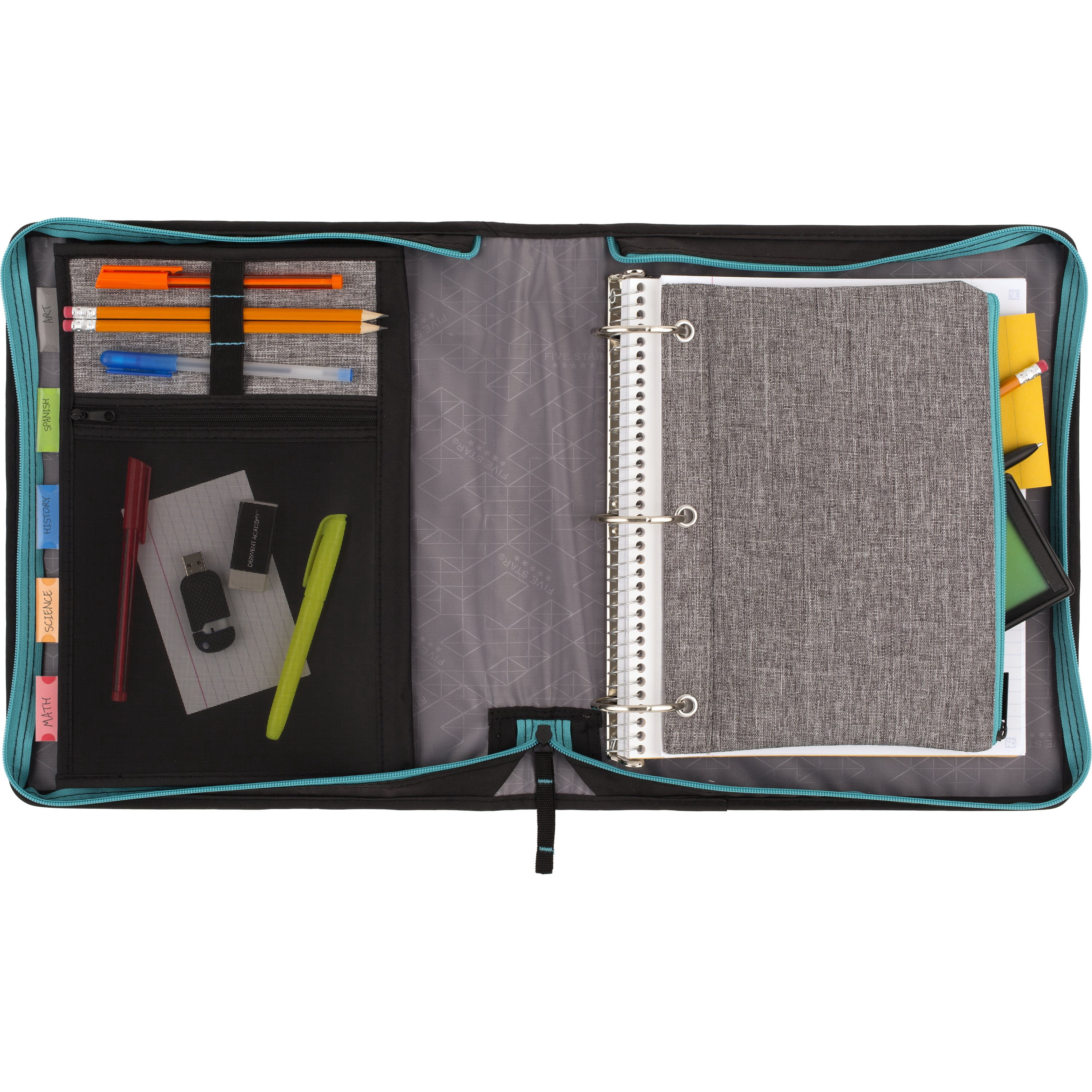 Five Star Color Pop 2" Sewn Zipper Binder Plus Zipper Pouch, Fabric, 605 Sheet Capacity, Round Rings, Teal Blue