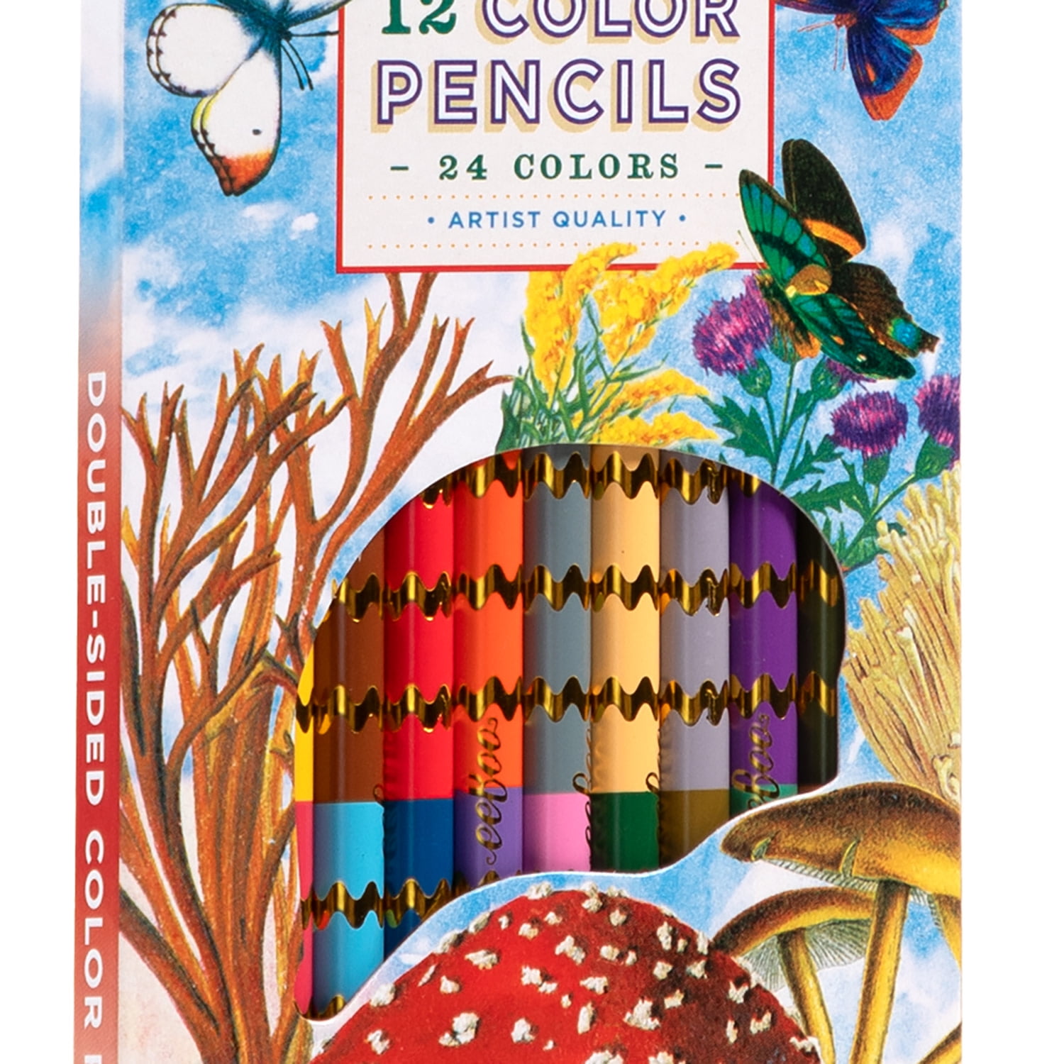 eeBoo: Double-Sided Color Pencils – Mushroom - 12pc Set, 24 Vibrant Metallic & Fluorescent Shades, Silver Foil Barrels, Kids Art & Drawing Supplies