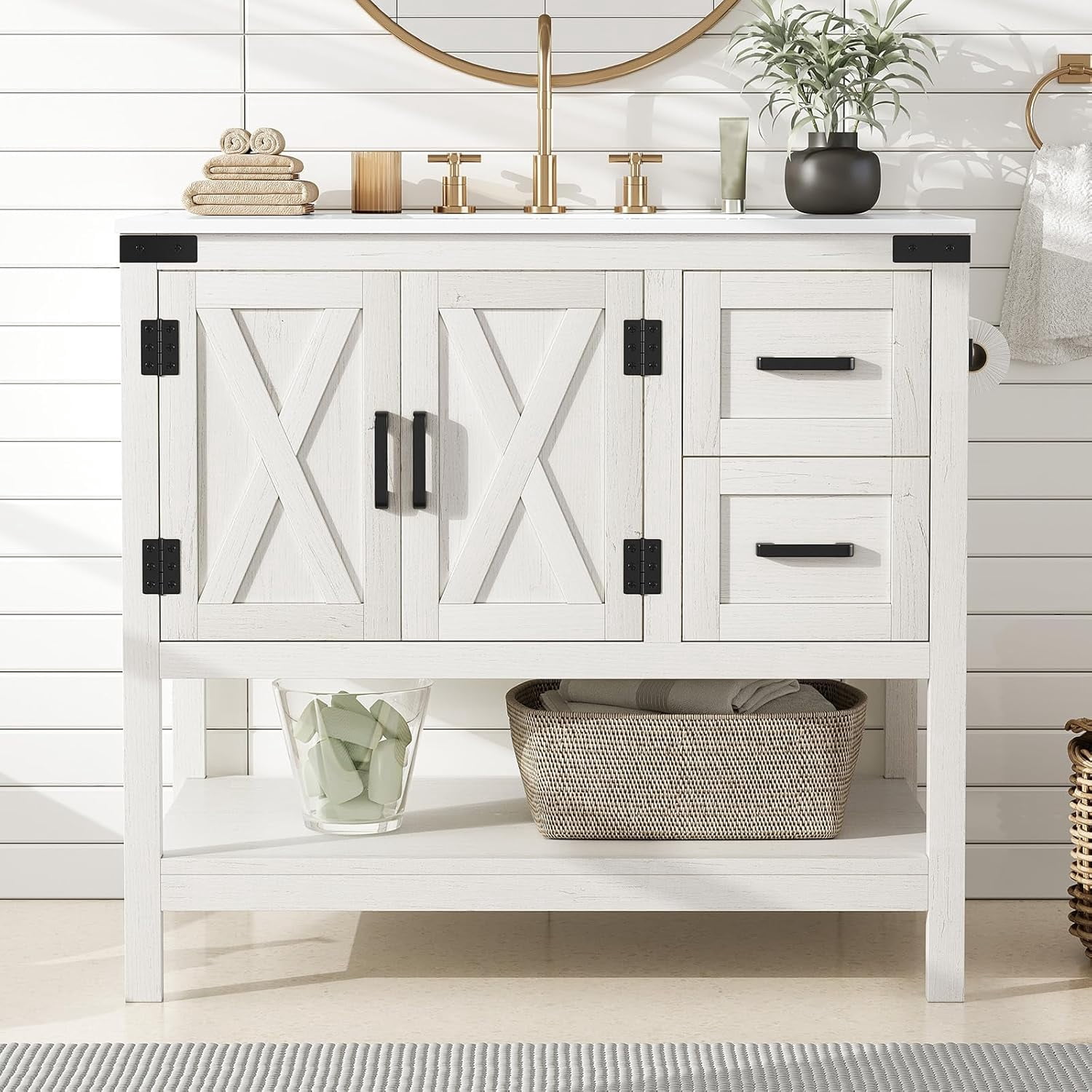 Merluxy Farmhouse Bathroom Vanity with Sink,Wood Barn Door Freestanding Bath Storage Cabinet,White