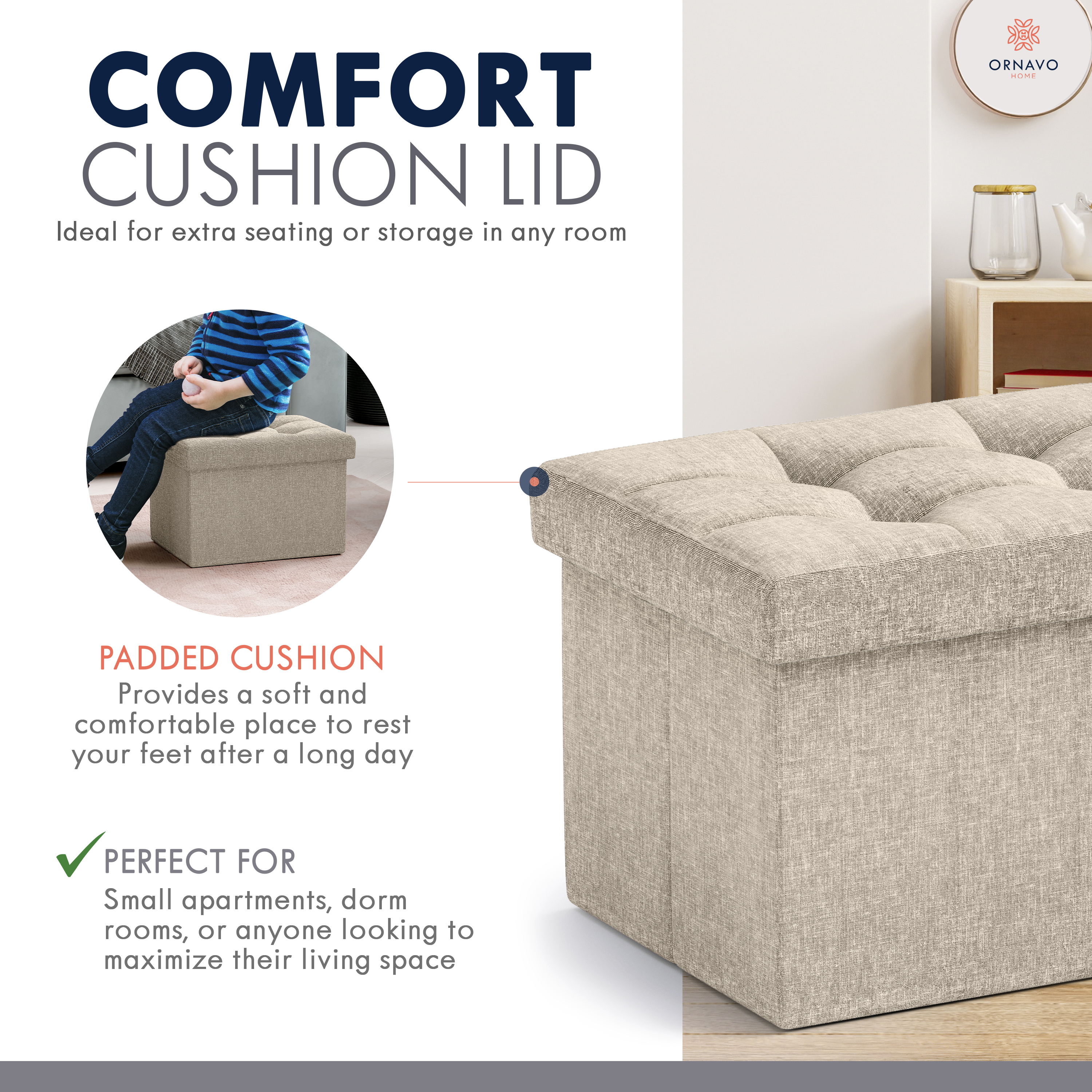 Ornavo Home Small Storage Ottoman, Beige Linen photo 5