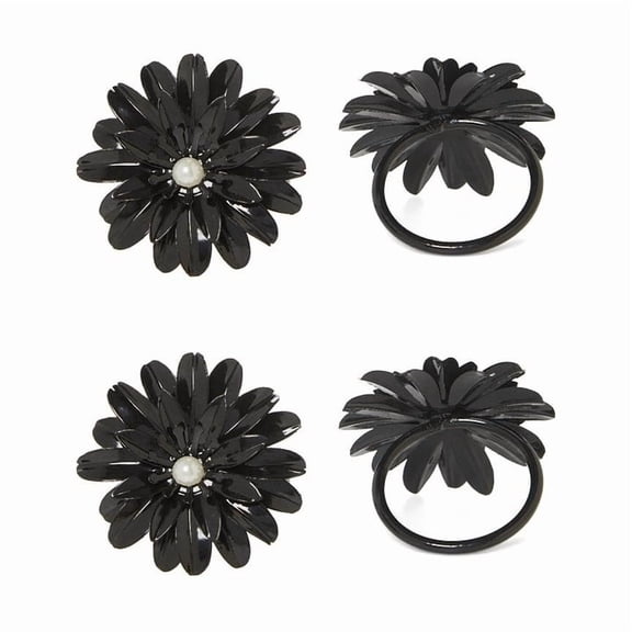 Classy R Us LLC Flower Napkin Rings Set of 4 with Pearl Black