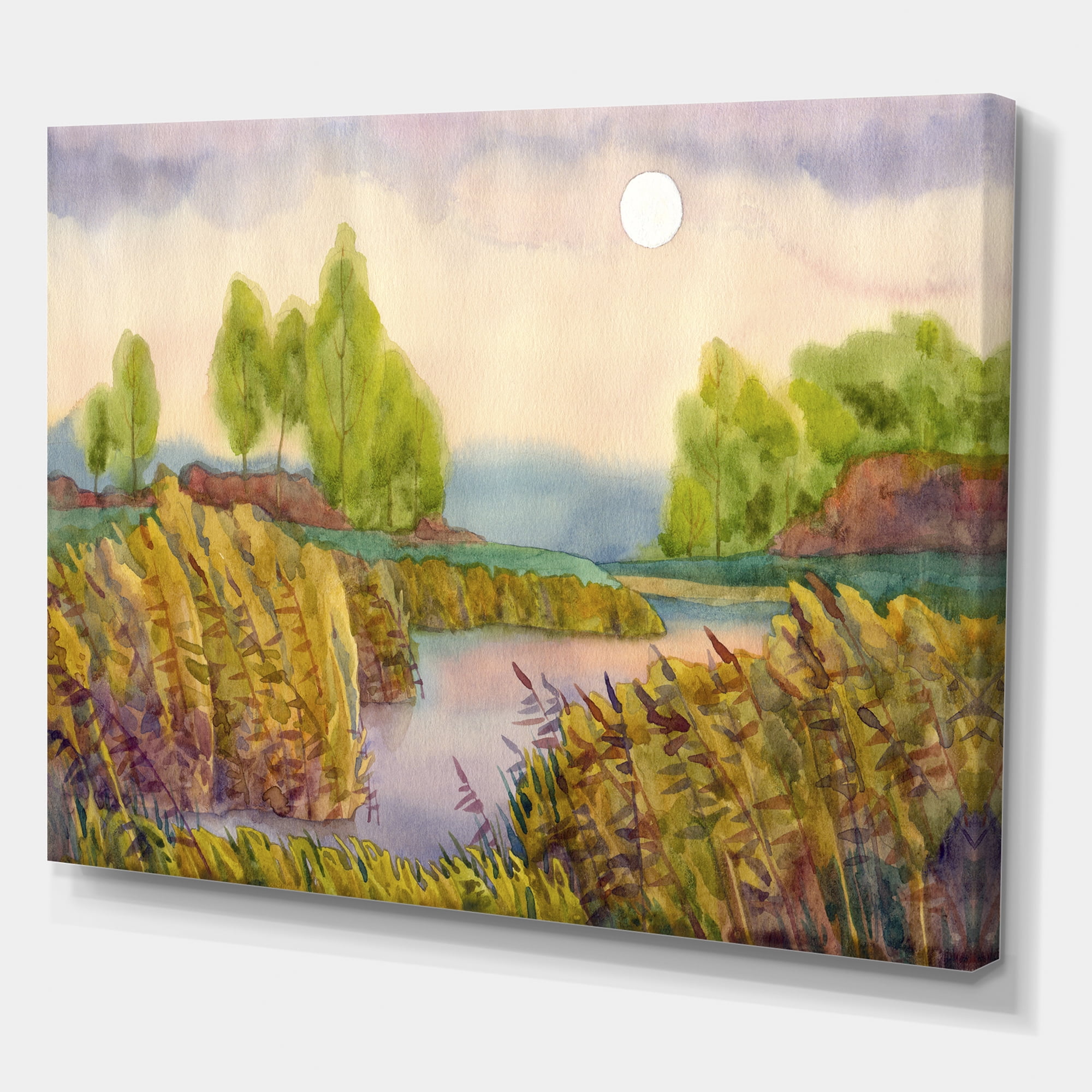 Designart ' Lake In The Reeds With Full Moon ' Nautical & Coastal Canvas Wall Art Print