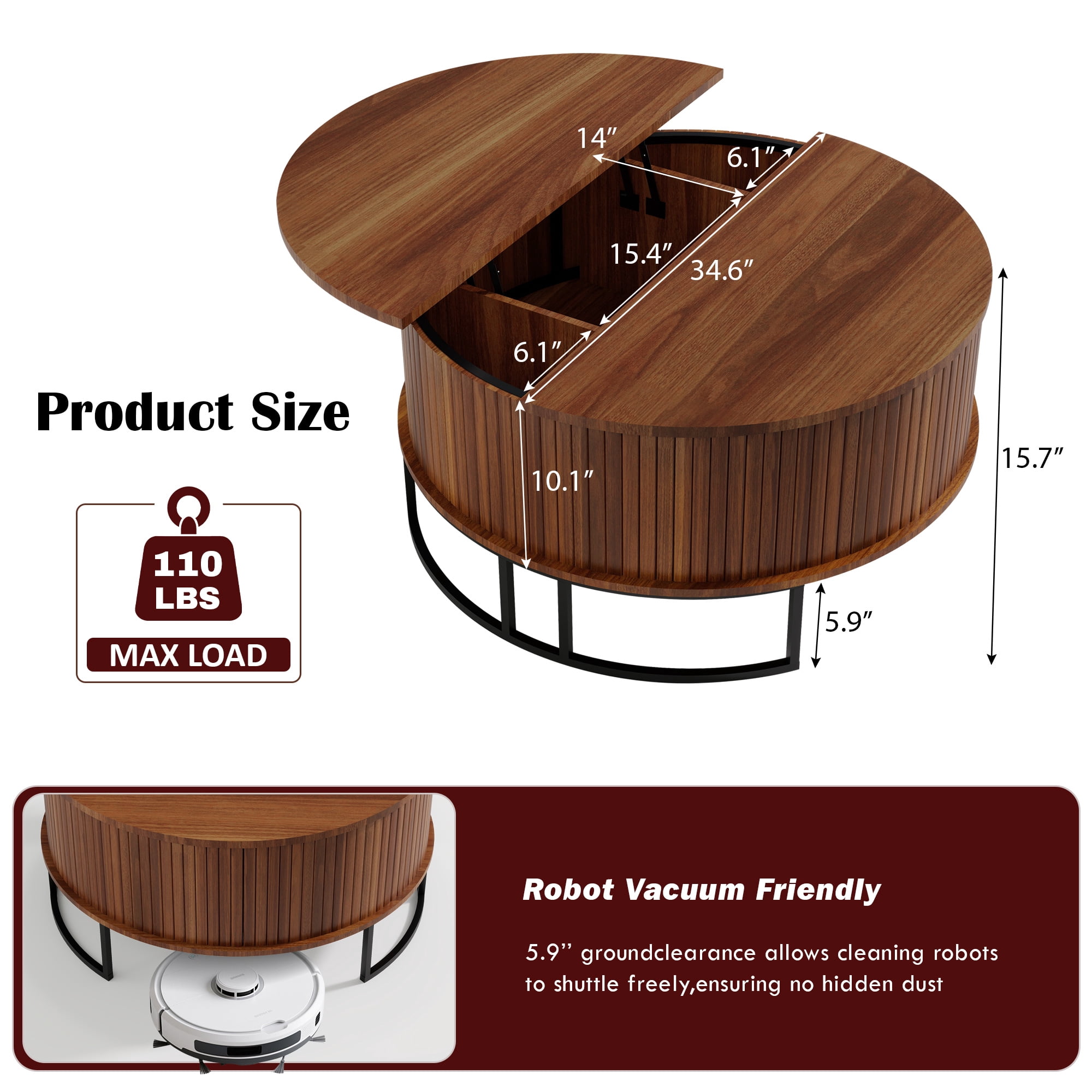 Coffee Table 31.5 Inch, Round Lift Top Center Table with Fluted Design and Hidden Storage, Mid-Century Modern Accent Table for Living Room, Walnut