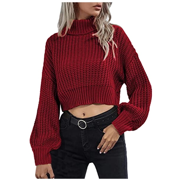 Gibobby Suéter de cuello alto mujer, Suéter de manga larga para niñas y mujeres a rayas, color crema(Rojo,G)