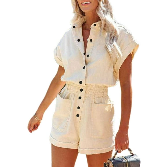 Short Sleeve Jumpsuit Utility Romper Shorts Button Down Rompers For Women Cuffed Sleeve Jumpsuit Elastic Waist