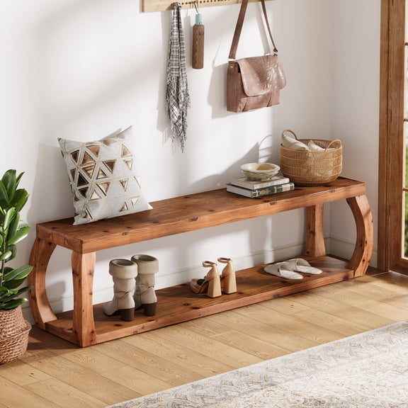 Tribesigns 2-Tier Solid Wood Entryway Bench, 59" Rustic Shoe Storage with Open Shelves